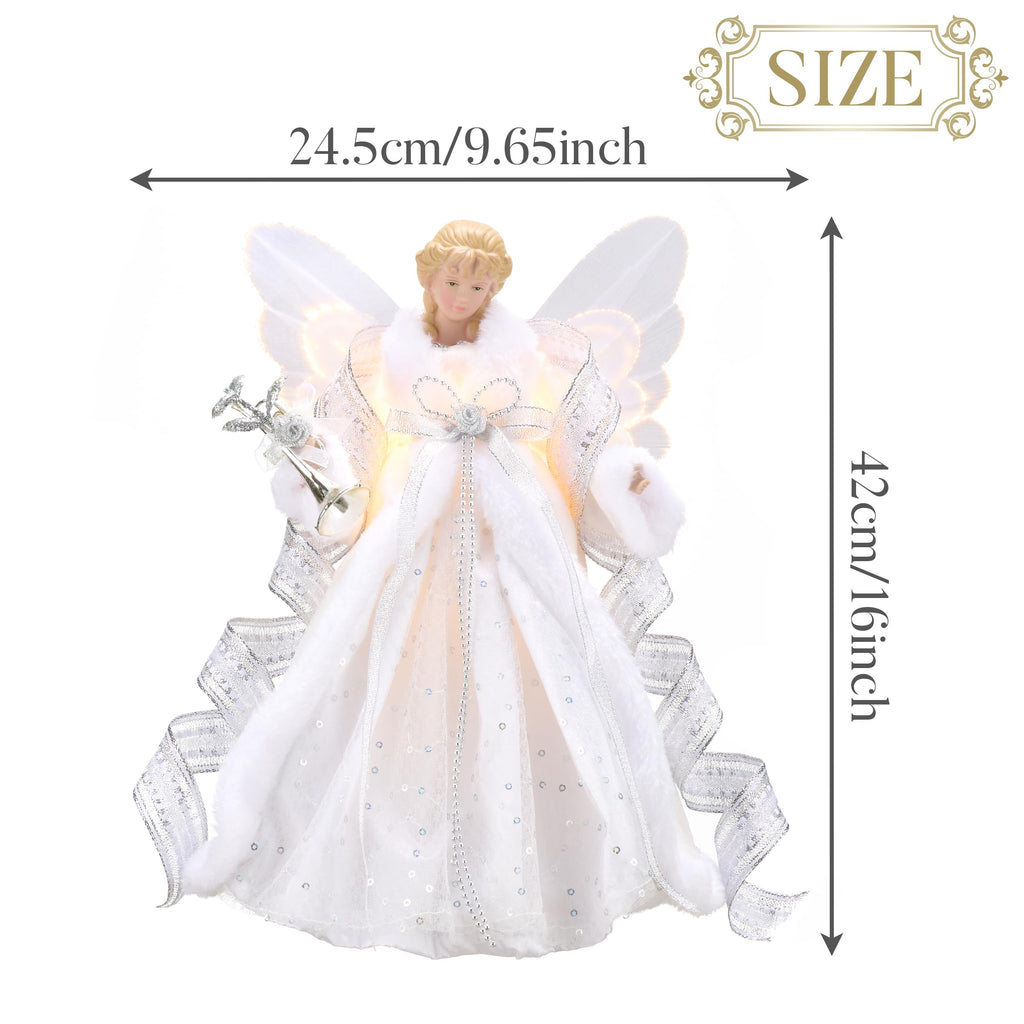 Lighted Christmas Tree Topper Angel with Timer, 16 Inch White and Silver Fabric Angel Tree Topper with Lights for