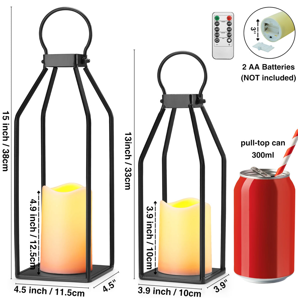 Modern Farmhouse Lantern Decor, 15'' 13'' Set of 2 Black Metal Lantern, 2 LED 6hr Timer Flameless Candles & Remote