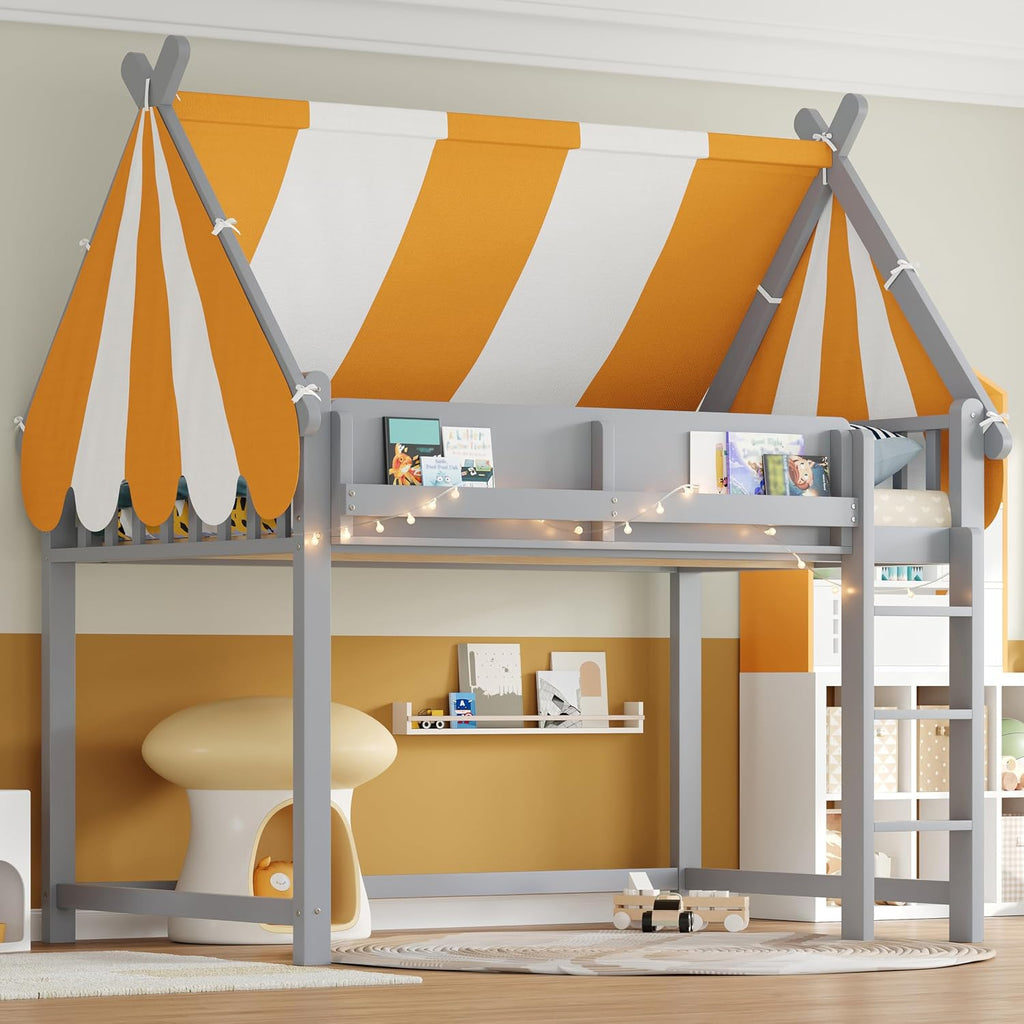 Full Size Wood House Bed Canopy Playhouse Loft Bed Frame with Storage Shelves House Loft Bed with LED Lights for Kids