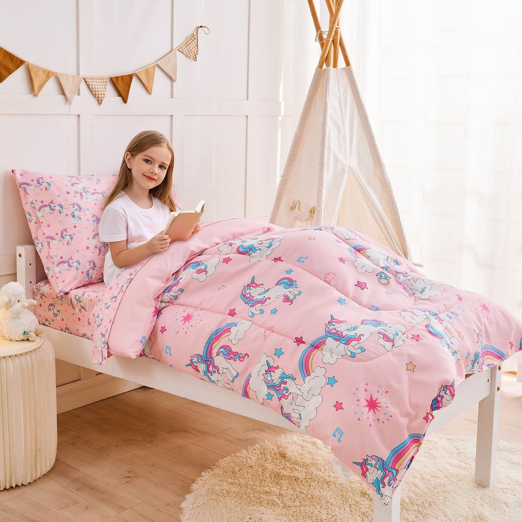 Pink Unicorn Toddler Bedding Set for Girls, 4 Piece Bed-in-a-Bag Toddler Comforter Sets, Super Soft and Comfortable