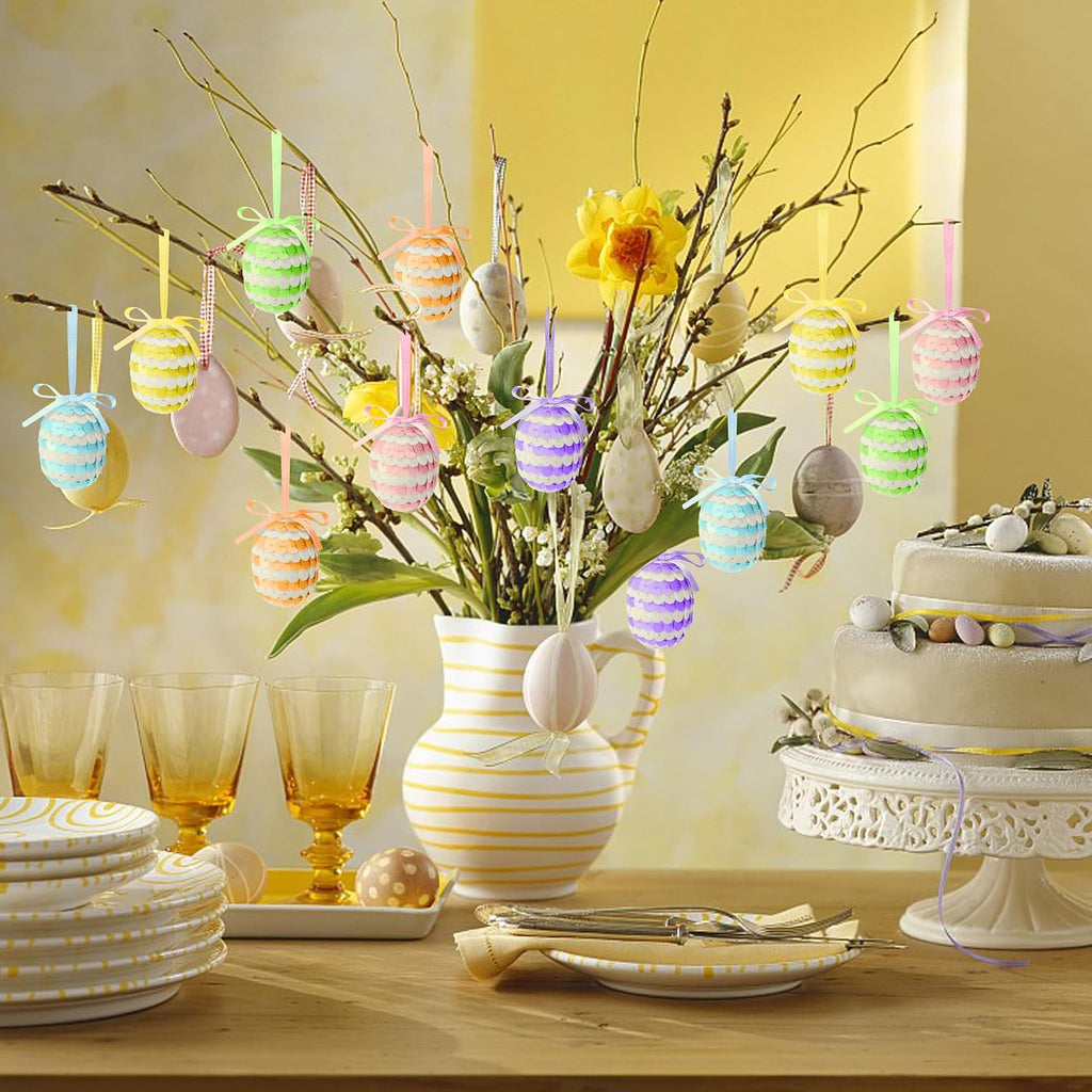 Easter Hanging Sequin Eggs, 1.6" Stripes Easter Eggs Ornaments with Bow, Glitter Spring Hanging Egg Tree - Set of 30