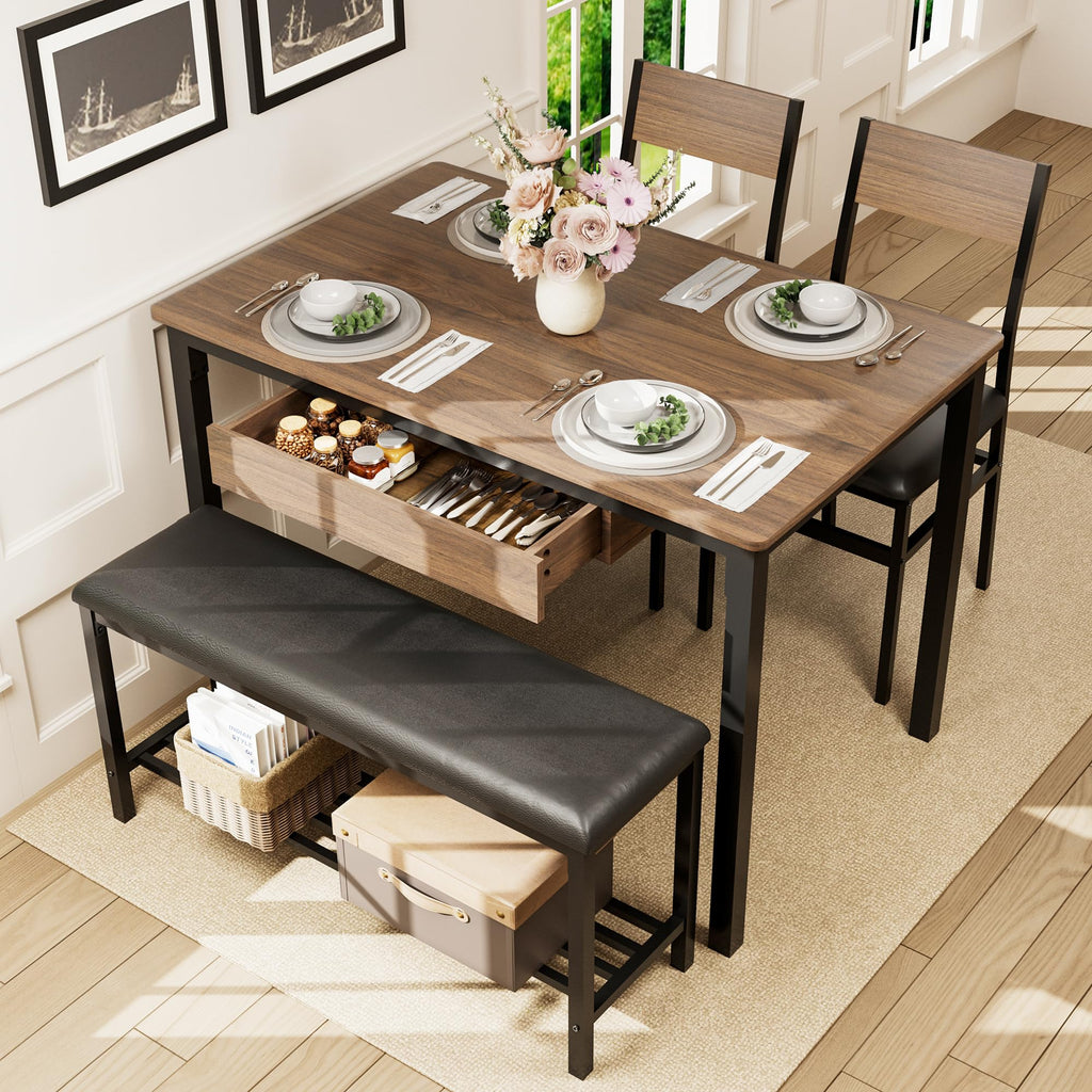 43.3" Dining Room Table Set for 4, Drawer, 2 Chairs & Bench, Walnut