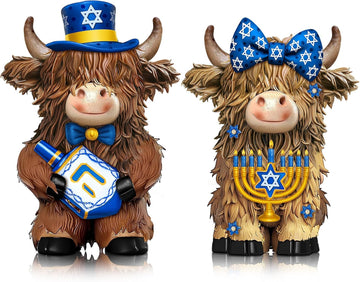 Hanukkah Highland Cow Figurines Decor, Blue Hanukkah Style - Set of 2