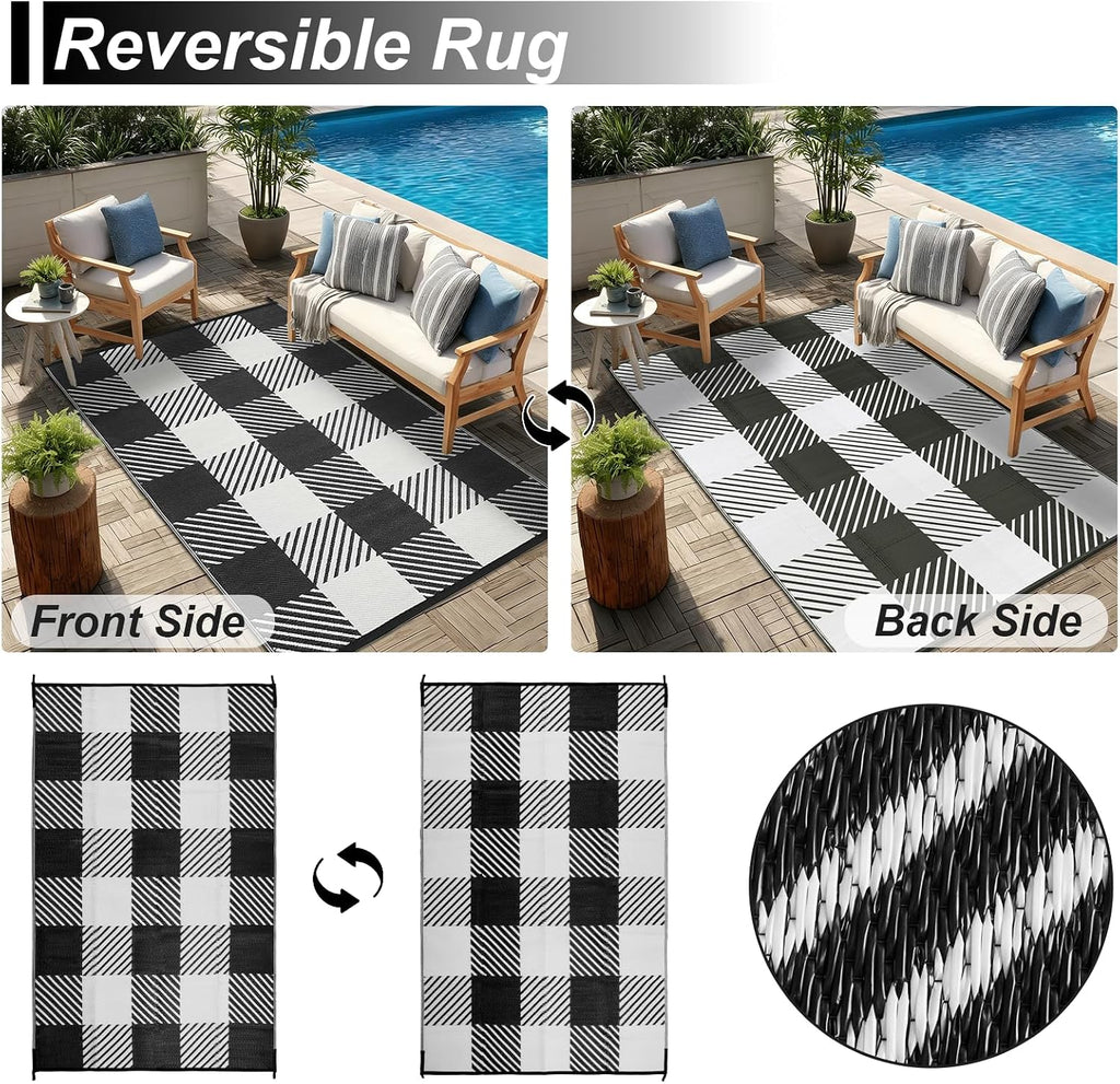 Reversible Waterproof Outdoor Rug, Black & White Checkered