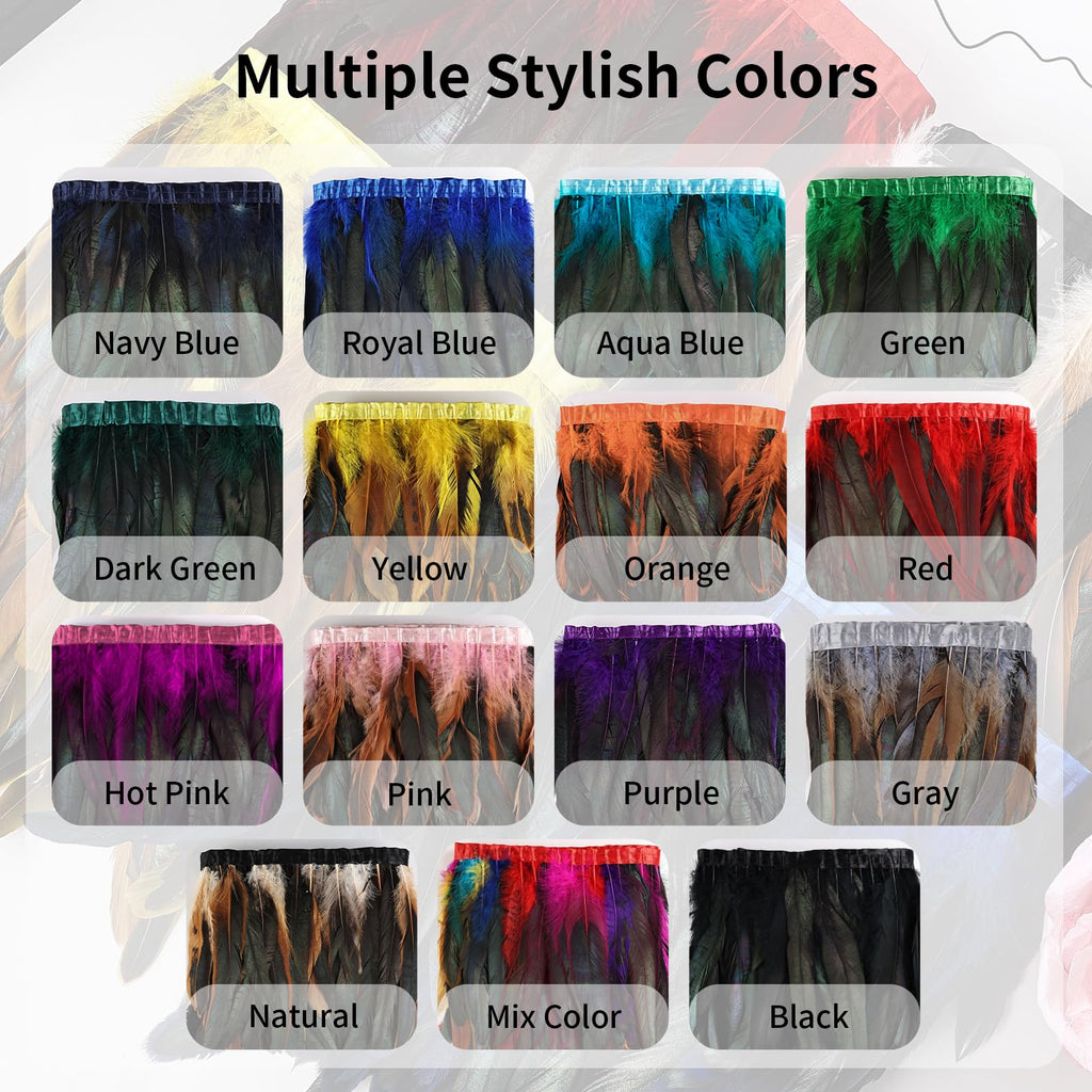 Rooster Feather Trim 8-10 Inch 2 Yards - Natural Feather Fringe for DIY Sewing, Feather Skirt, Shawl, Wings, Wedding