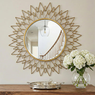 Gold Sunburst Round Wall Mirror Vintage Metal Frame Glam Wall Decor 36"