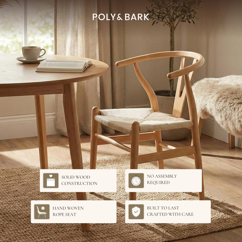 & BARK Weave Dining Chair - Mid-Century Modern Wishbone Dining Chair with Arms, Solid Wood Frame, Indoor Use - Oak