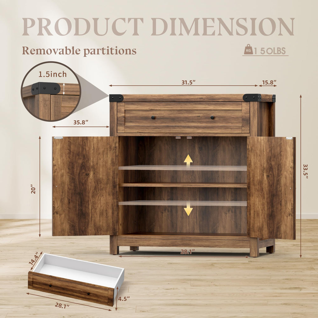 Farmhouse Coffee Bar and Accent Cabinet with Barn Doors, Brown