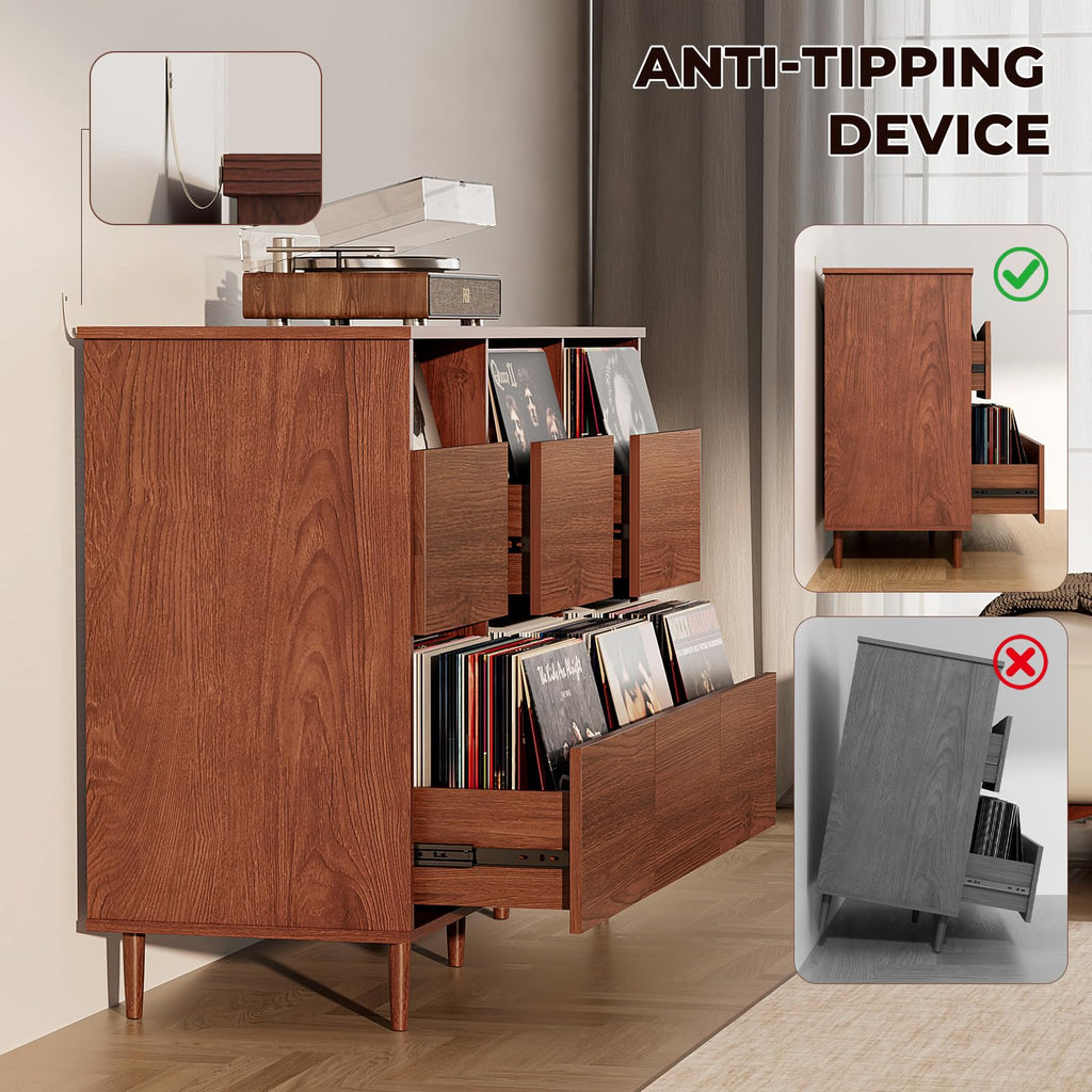 47.2" Large Record Player Stand, Vinyl Record Storage Cabinet, Brown