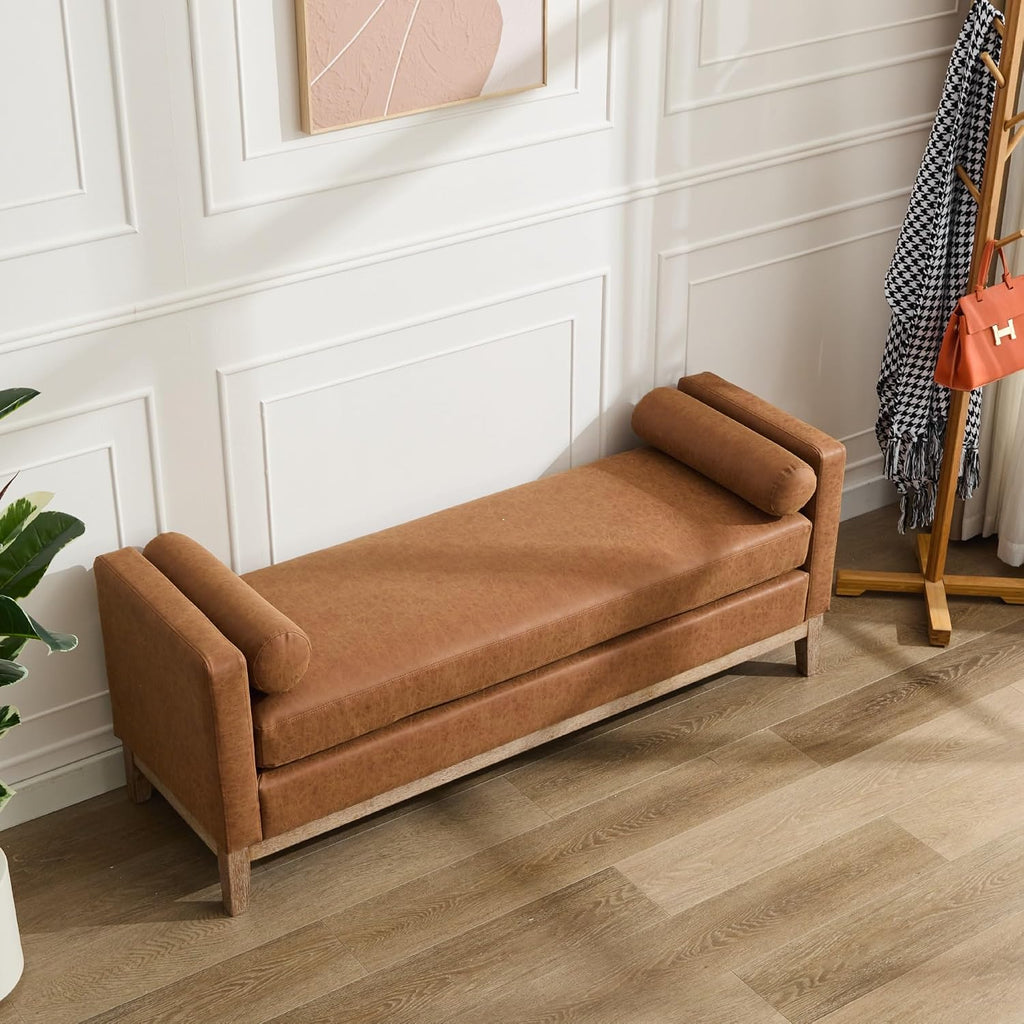 65.55" W End of Bed Bench, King Size Upholstered Bench with Pillows /Entryway/Living Room, Leather, Brown