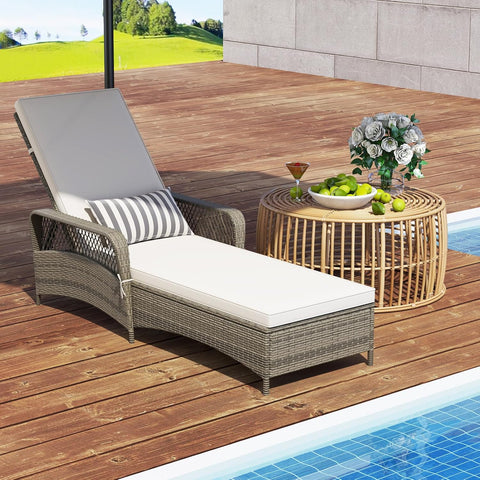 Wicker Chaise Lounge Chair, Patio Rattan Recliner with 6-Position Adjustable Backrest, Soft Cushions