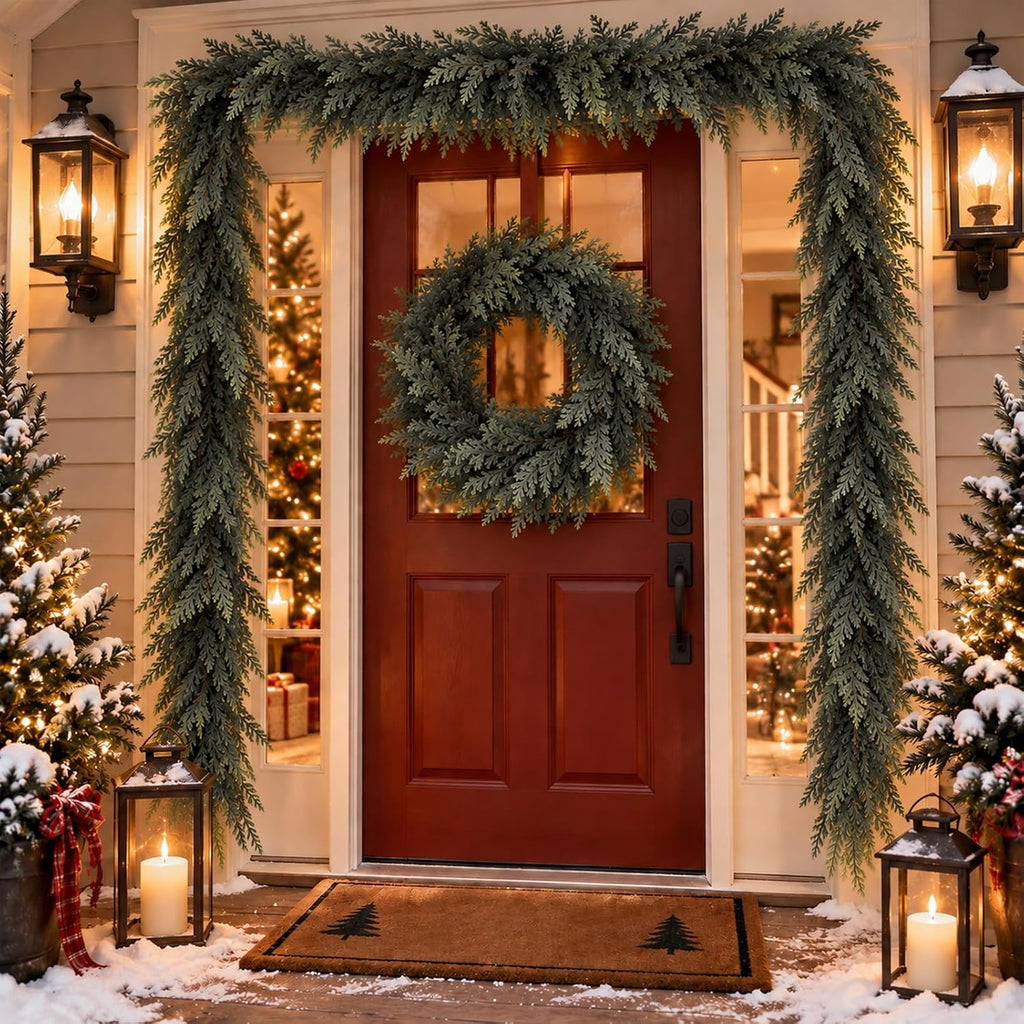 9 Ft Christmas Cedar Garland, Real Touch Faux Pine for Mantle & Fireplace