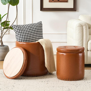 Round Ottoman with Storage Set of 2, Faux Leather Button Tufted Vanity Stool, Storage Ottoman Coffee Table, Small