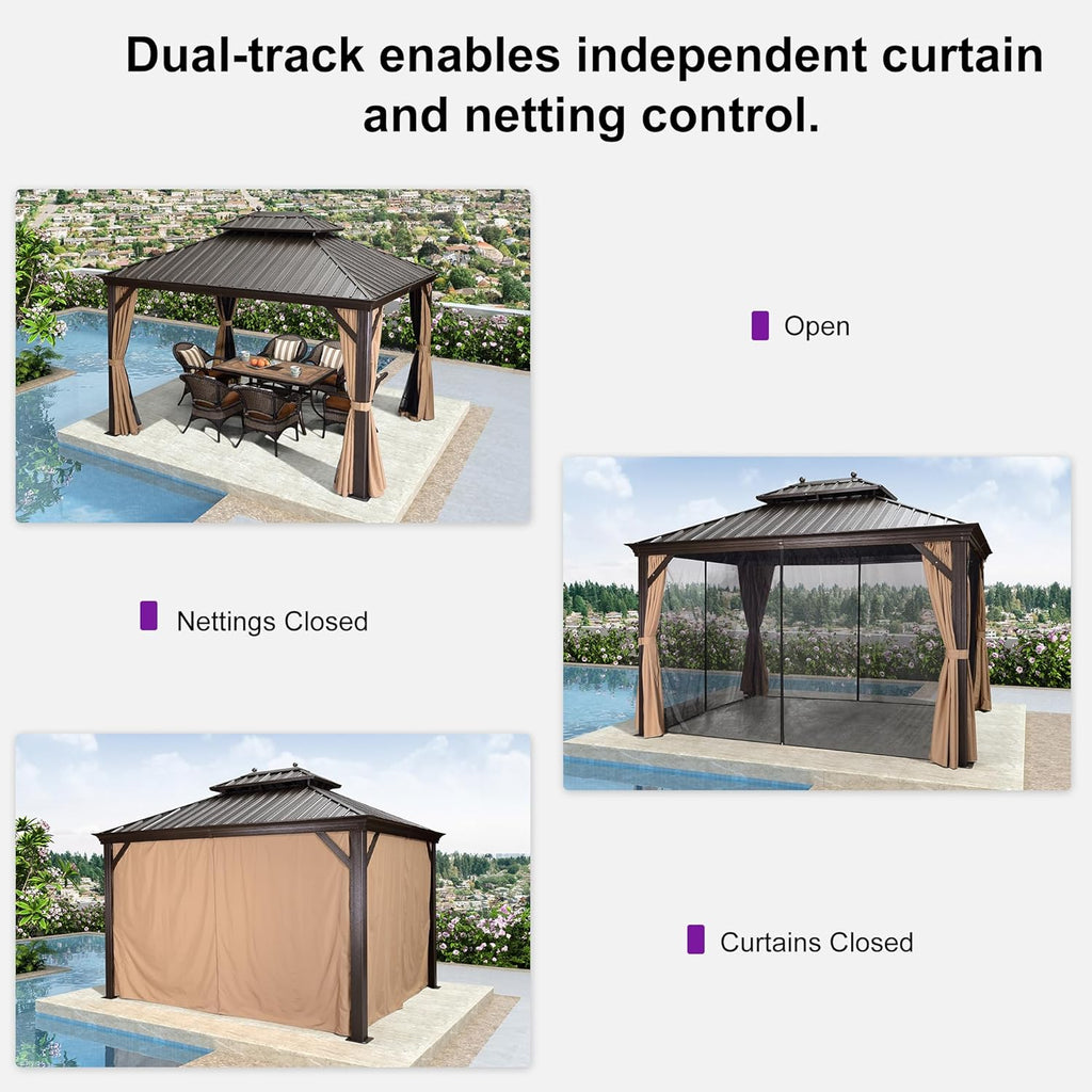 10' X 12' Hardtop Gazebo Canopy for Patio Deck Backyard Heavy Duty Outside Sunshade with Netting and Curtains Outdoor