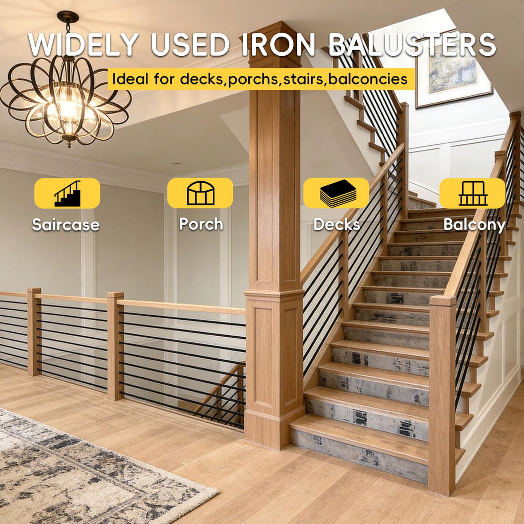 10Pcs 5Feet Wrought Iron Balusters for Staircase, 76.5" Total Length Round Hollow Spindles Deck Balusters, 3/4" Black
