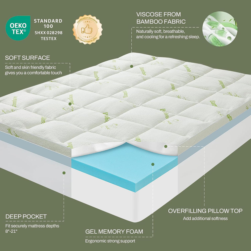 Full Memory Foam Mattress Topper, 4 Inch Dual Layer Gel Foam Mattress Pad with Soft Pillow Top Cover, Viscose Made