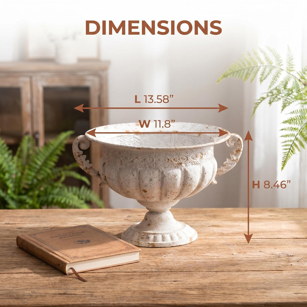 Vintage Distressed White Urn Planter with Embossed Pattern & Handles, 13.58" Iron Decorative Flower Pot, Classic