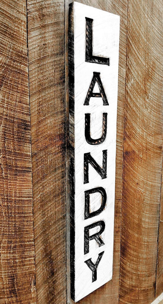 Vertical Laundry Sign - Carved in Solid Wood | Rustic Distressed | Farmhouse Style | Laundry Room Decor | Handmade in