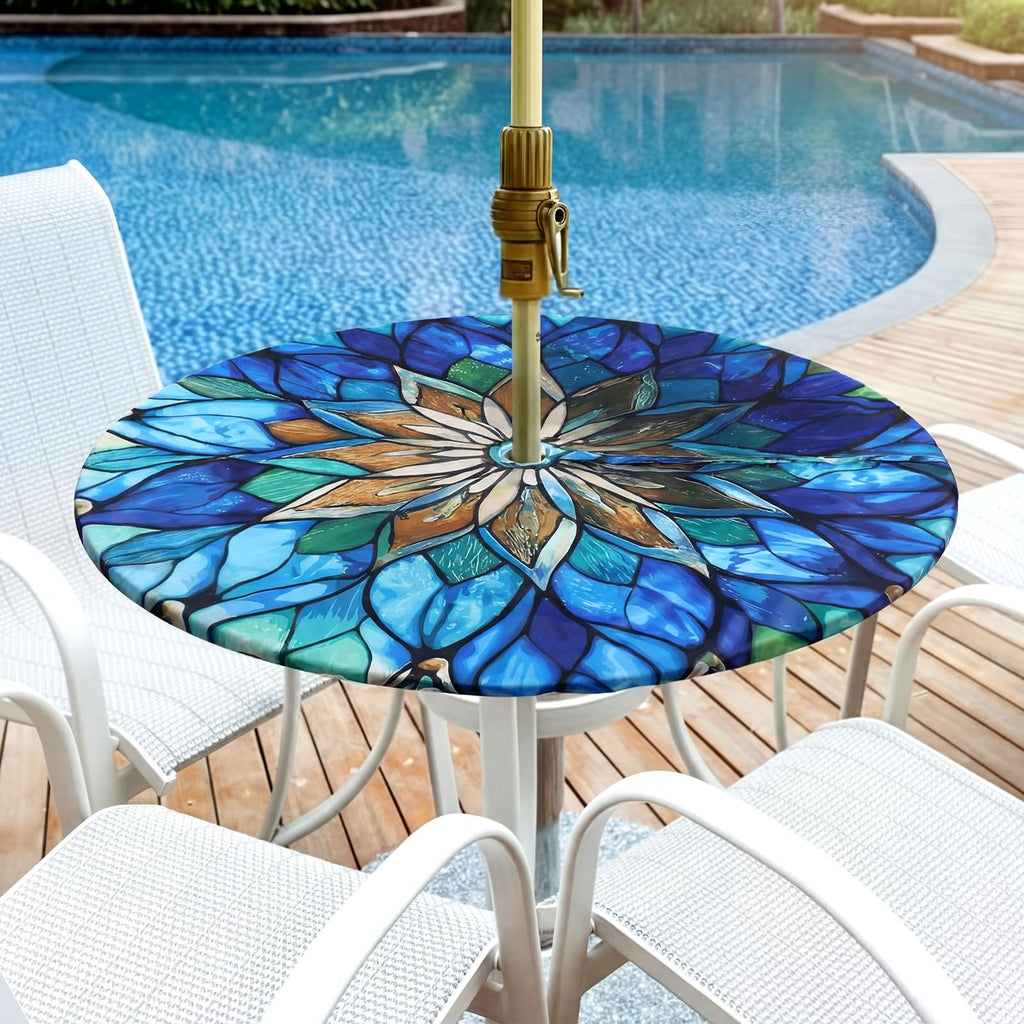 Mandala Round Tablecloth with Umbrella Hole, 45"-53"