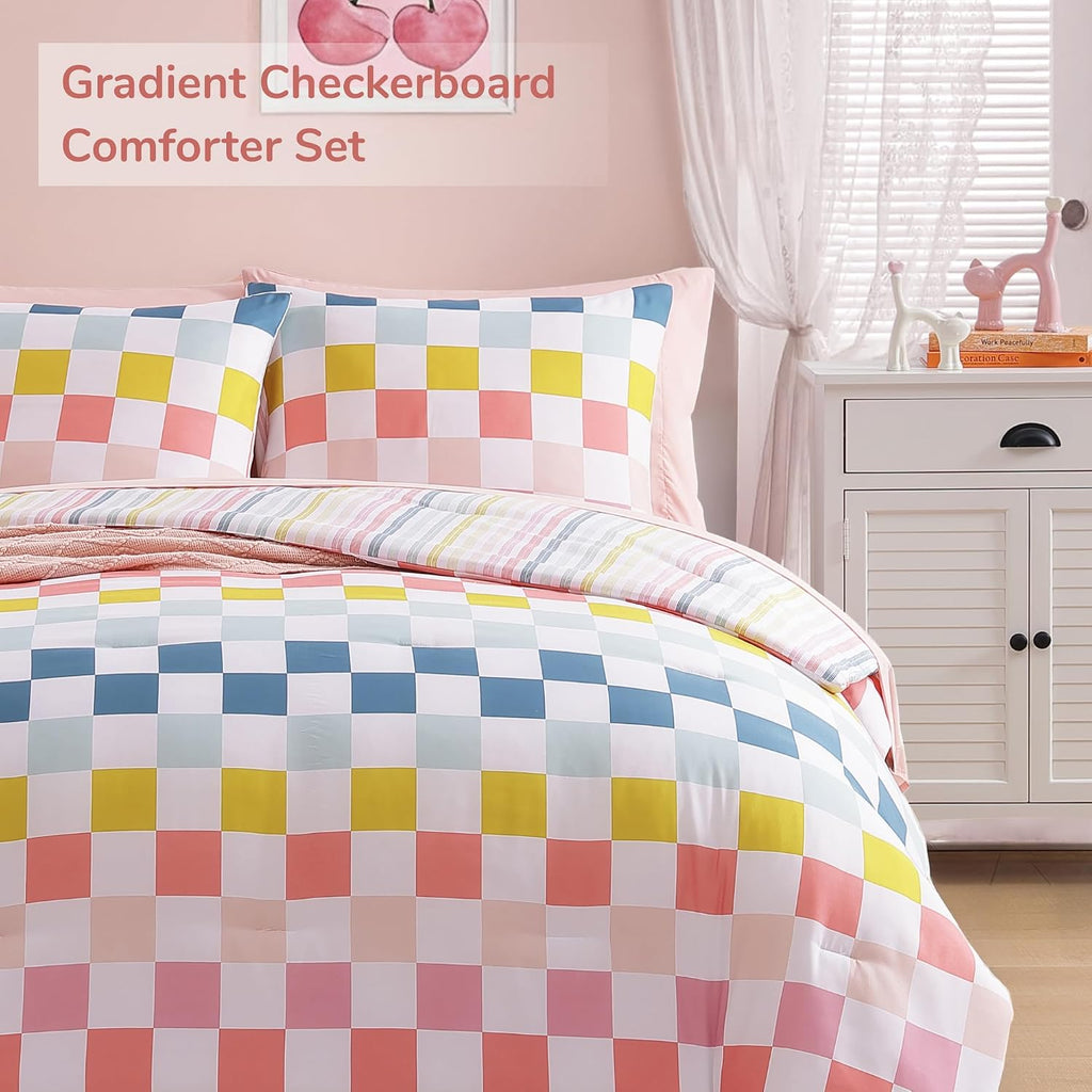 Full Comforter Set for Girls-7 Pieces Colorful Checkered Full Bedding Sets for Kids, Soft Bed in A Bag with Striped