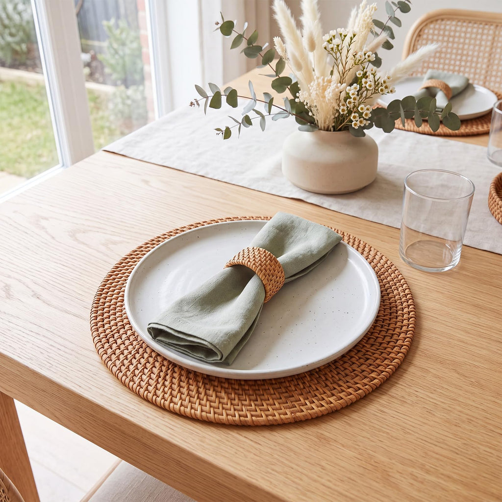 6 Pcs Rattan Charger Placemats with Napkin Rings Set, Brown