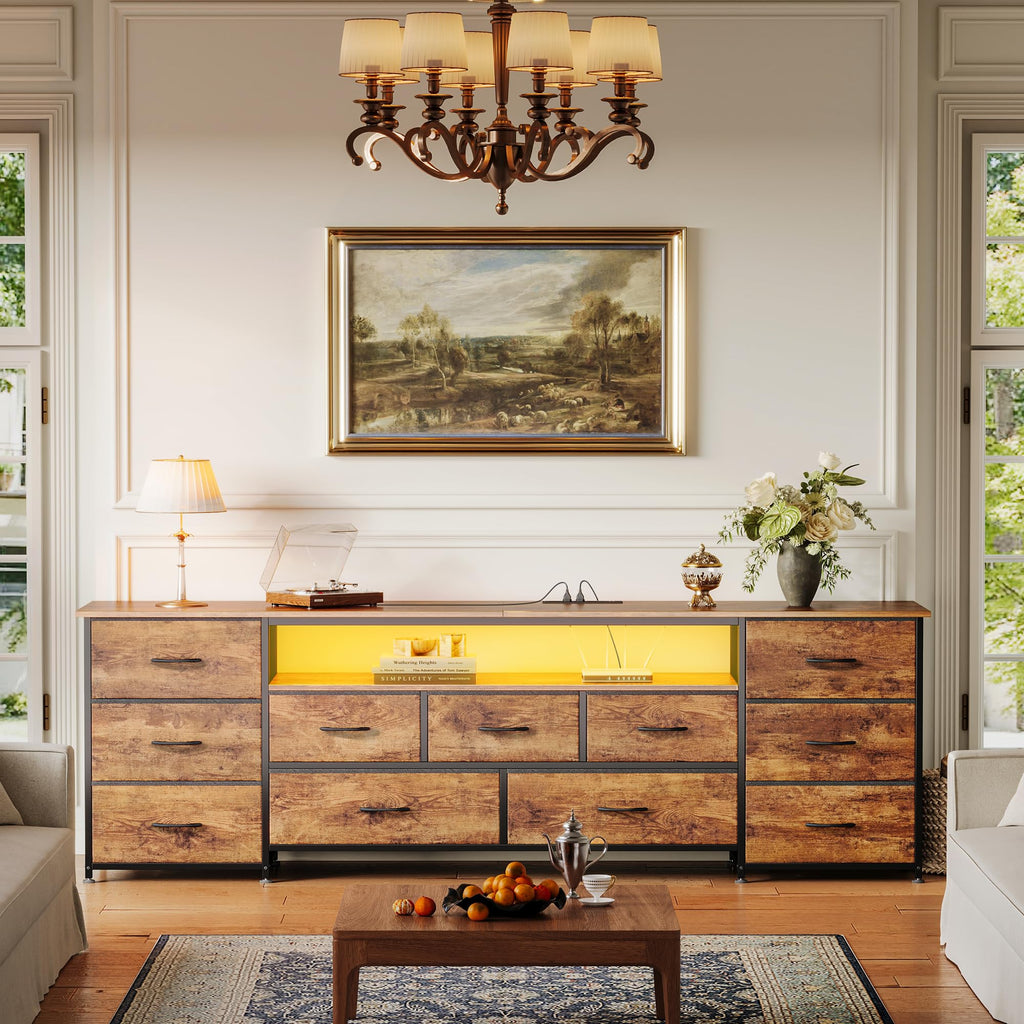 70 Inch TV Stand for 75, 80 Inch TV, 11 Drawer Long Dresser with Power Outlets and LED Lights, Entertainment Center