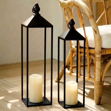 Decorative Lanterns for Indoor & Outdoor, Set of 2 Black Metal Lanterns (22" & 19") with LED Timer Flameless Candles