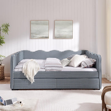 Queen Size Gingham Daybed with 2 Storage Drawers and USB Ports | Upholstered Daybed Living Room Guest Room-Navy