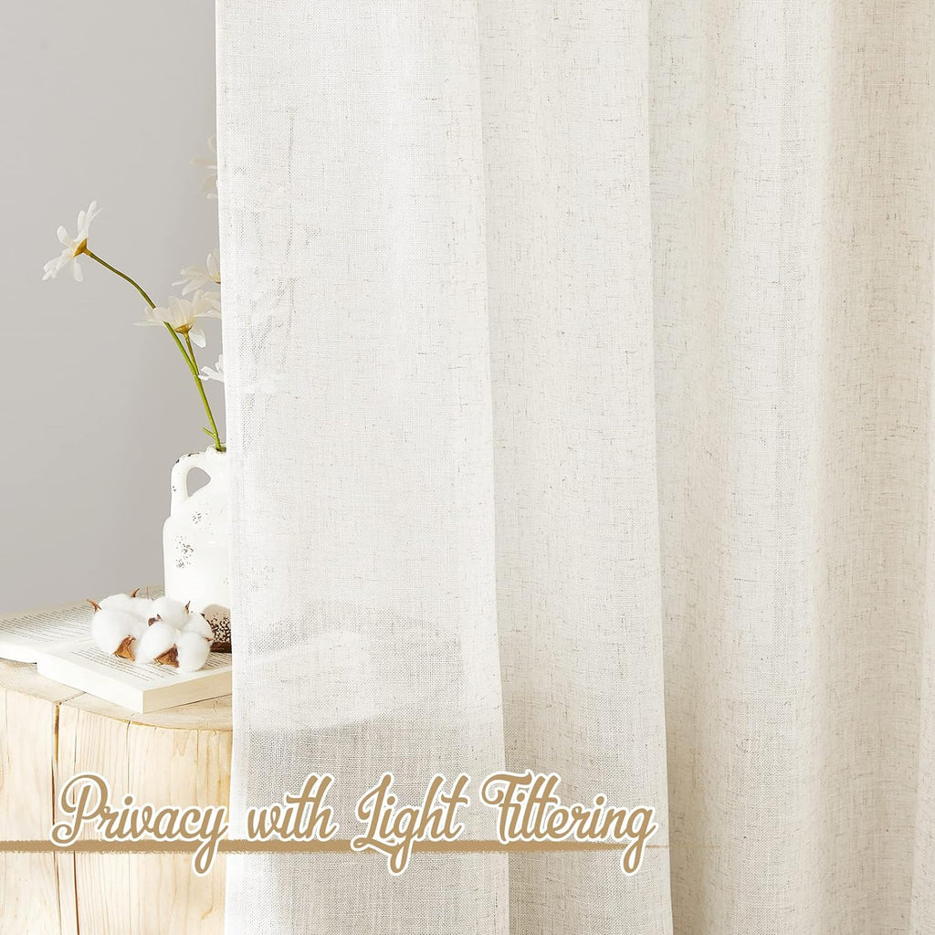 120 inch Curtains Linen Blend, Rod Pocket & Back Tab Natural Linen Burlap Semi Sheer Window Treatments Privacy with