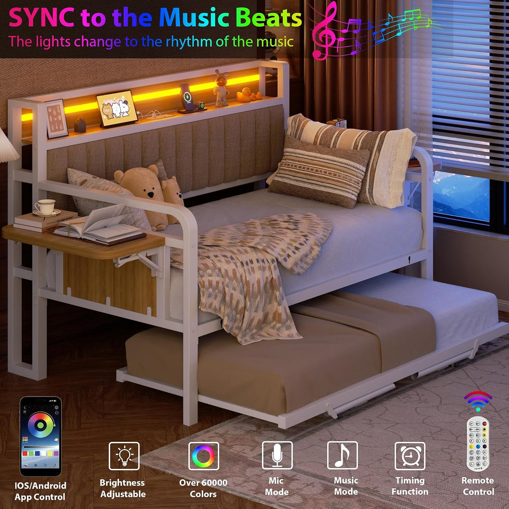 Daybed with Trundle and LED Light, Heavy Duty Metal Twin Bed Frame with Upholstered Storage Headboard & Charging
