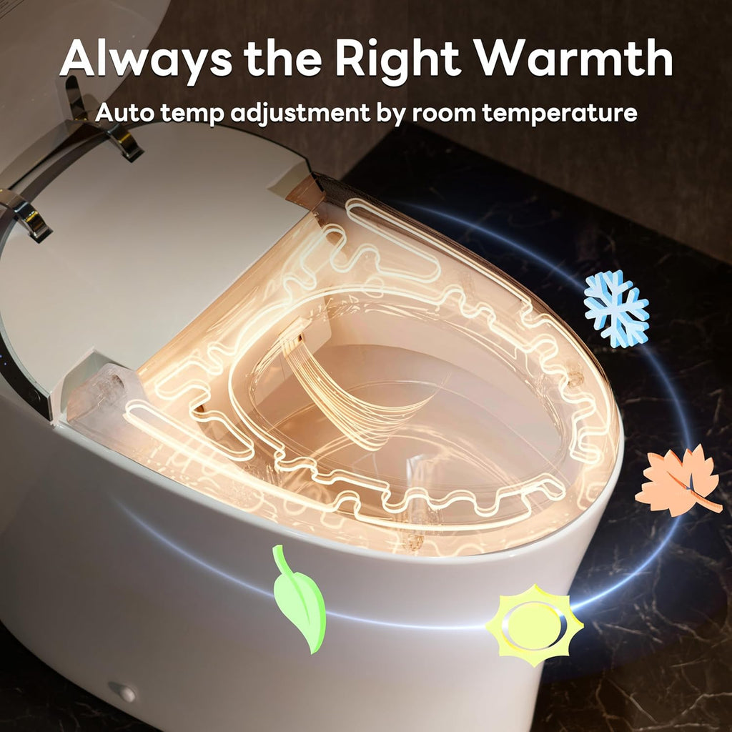 Smart One-Piece Toilet with Built-In Bidet and Tank, Powerful Flush, ADA Comfort Height, Auto Open and Close, Temperature-Controlled Heated Seat, Blackout Flush