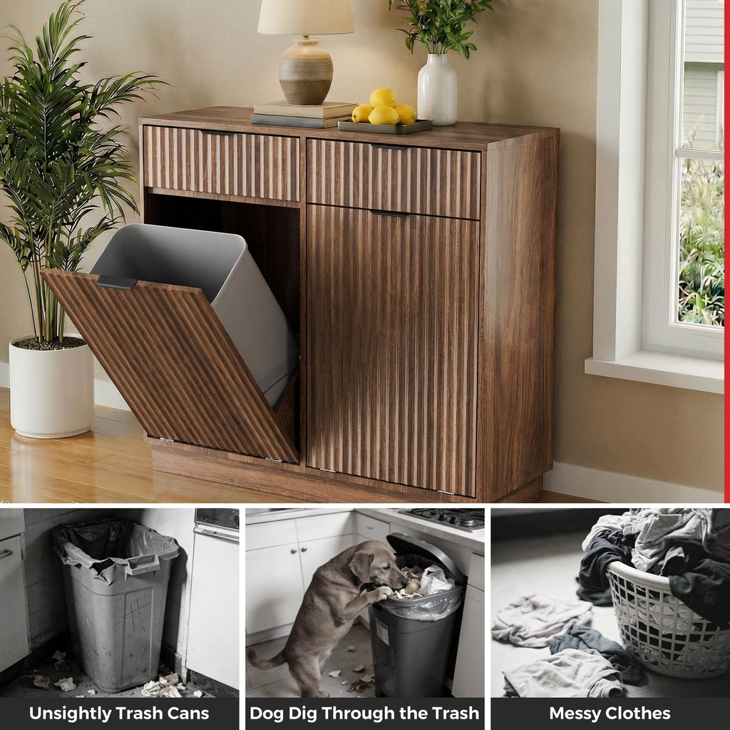Double Tilt Out Trash Can Cabinet, Hidden Trash Cabinet with Storage Drawers, Walnut Laundry Hamper Cabinet with