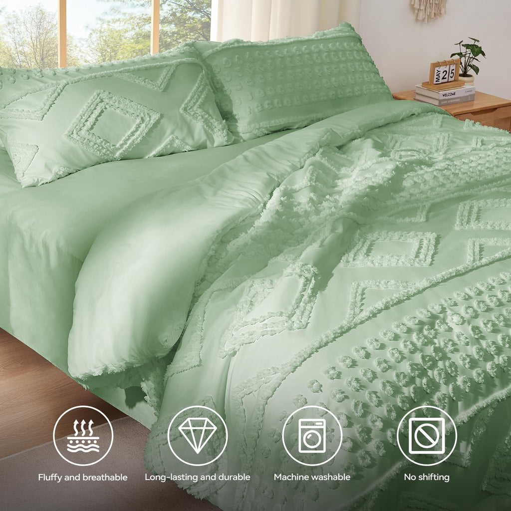 Boho King Comforter Set Sage Green with Sheets, 3 Pieces Tufted King Comforter Sets Boho Bedding Cream Soft Warm