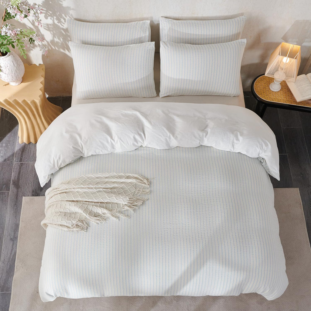 Comforter Set Light Blue Striped Soft Luxury Washed Cotton Jacquard 3 Pieces Bedding, Light Blue Vertical