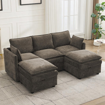 80" Cloud Modular 3 Seater Sofa with 2 Storage Ottoman, Modern Upholstered Storage Sofa Couch Deep Seat, U Shape