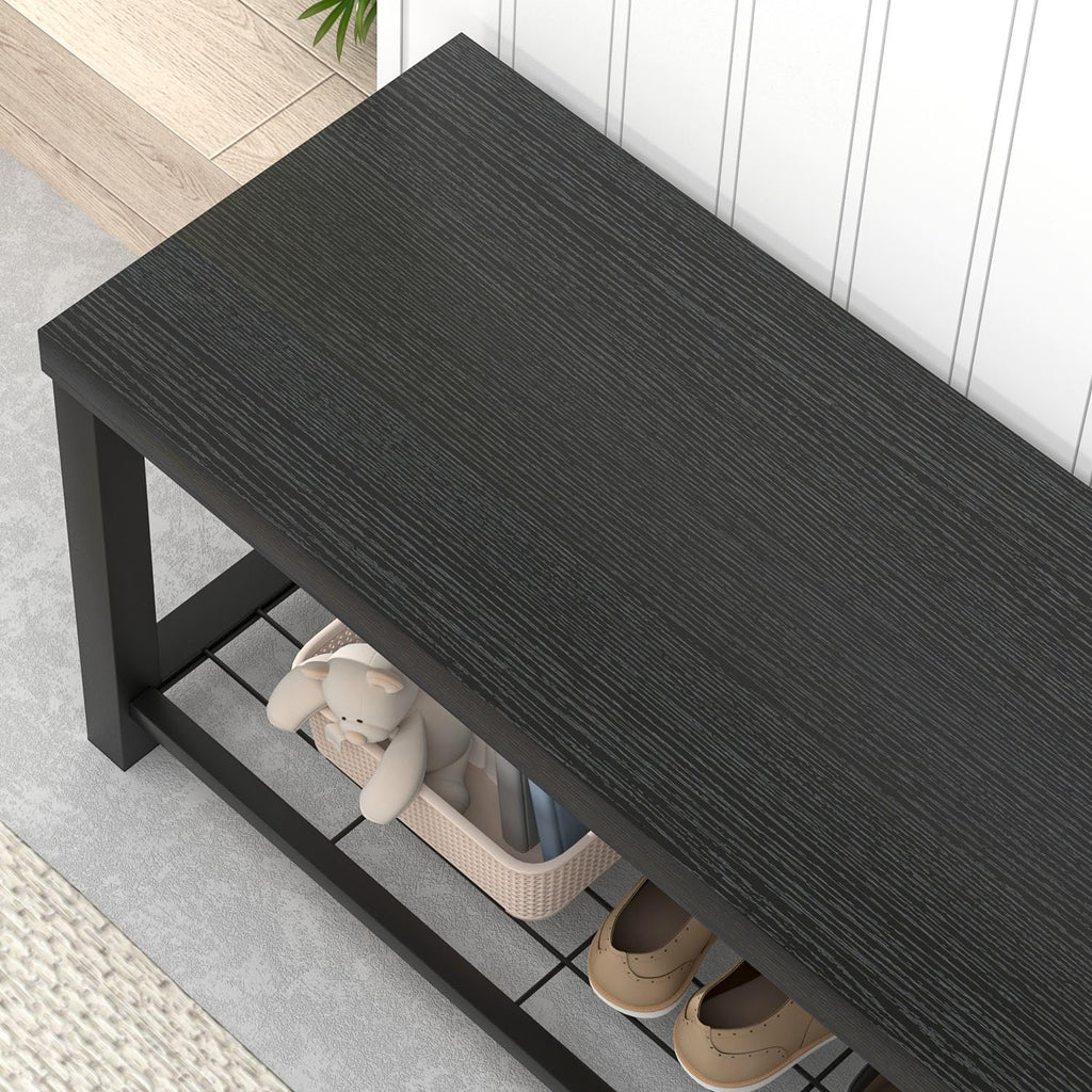 Entryway Bench, Modern Wood and Metal Storage Bench Front Door Entrance, Industrial Indoor Shoe Rack Bench Seat