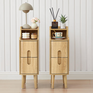 Small Nightstand Set of 2, Wood 2 Drawer Narrow Nightstand, Slim Side Table, Modern Skinny End Bedside Table, Natural