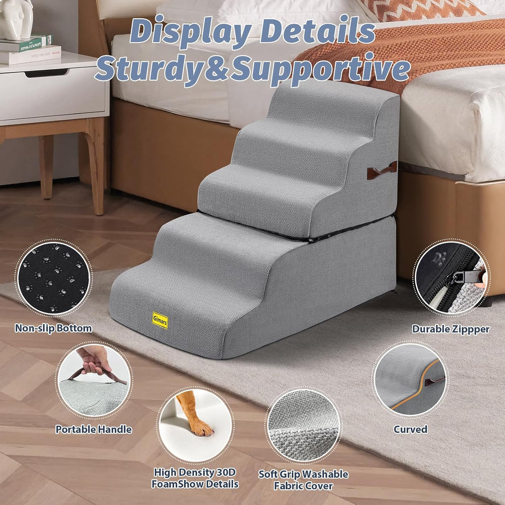 Extra Wide Sturdy 30D High Density Foam Dog Stairs for High Beds 22.8" H, 5-Steps Pet Stairs for Small Medium Large