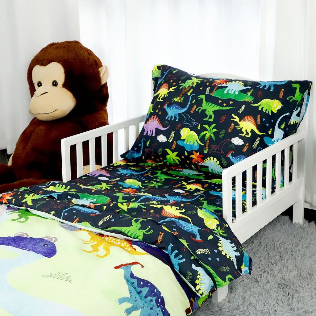 4 Piece Toddler Bedding Set, Ultra Soft and Breathable Cartoon Dinosaur Toddler Comforter Sets for Boys Includes