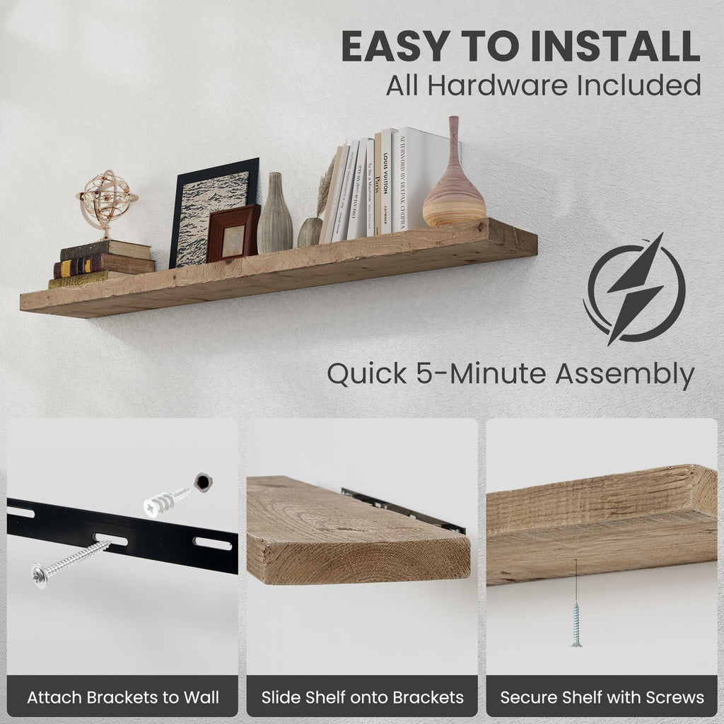 Solid Wood Floating Shelves, 8" Deep Rustic Reclaimed Barnwood Wall Hanging Floating Shelf with Invisible Heavy-Duty