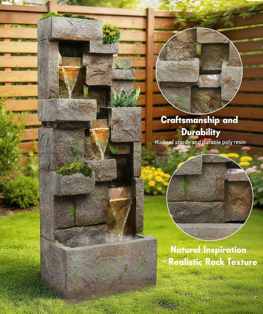 41.7" Outdoor Fountain 3 Tier Modern Water Fountains with LED Lights and Pump Outdoor Floor-Standing Rock Fountain Decor