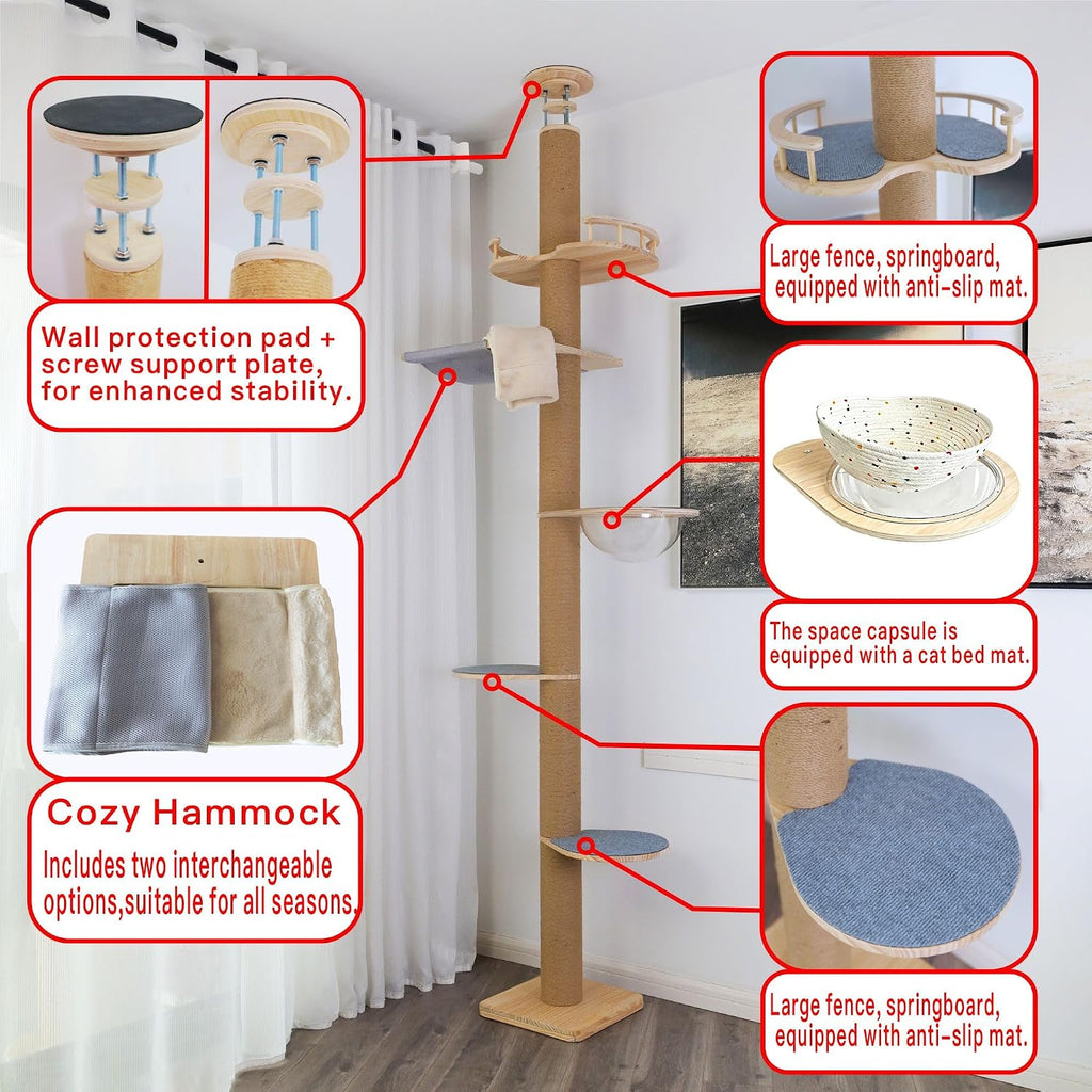 Floor to Ceiling Cat Tree Height (50-120.5in) Adjustable Cat Tower 5 Tier Hemp Scratching Post High Cat Tree Sturdy