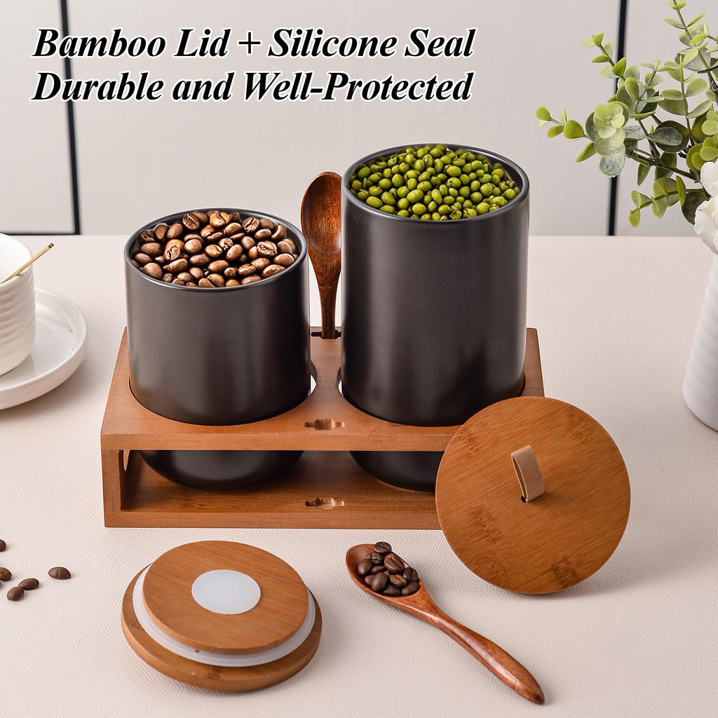 Black Ceramic Canister Set of 2 with Bamboo Lids, Wooden Stand & Spoons - 35oz & 28oz Airtight Food Storage Jars for