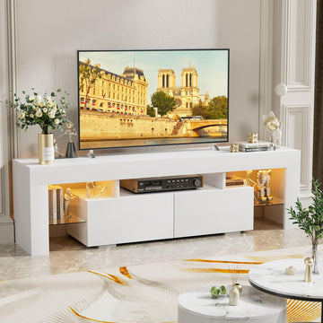 Modern TV Stand with LED Lights, Entertainment Center with Glass Shelves and Drawer, Mid Century TV Stand with