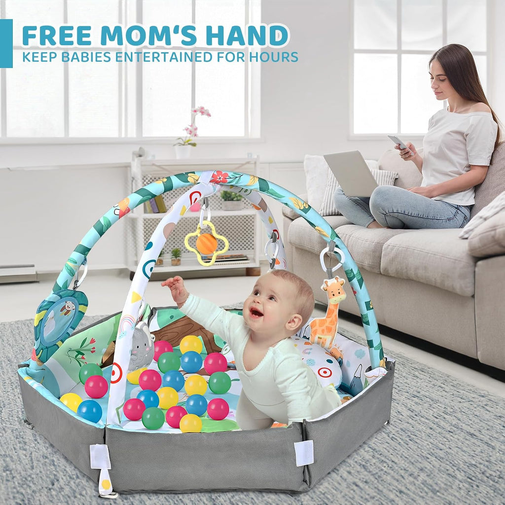 Gym Play Mat, in-1 Tummy Time Mat & Ball Pit with 6 Toys, Washable Baby Activity Play Mat for Visual, Hearing