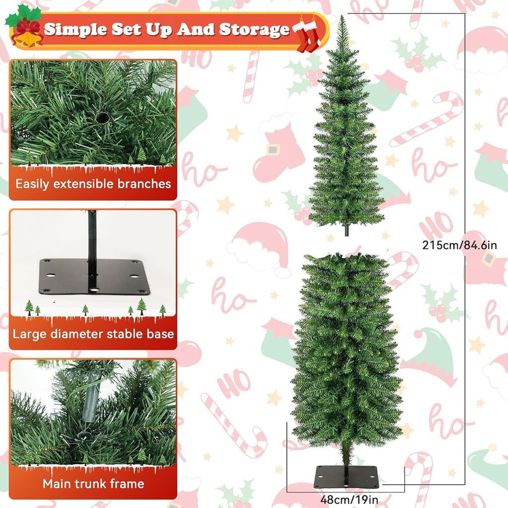 Green Pencil Artificial Christmas Tree Pre-Lit with Warm Lights, Slim Xmas Tree