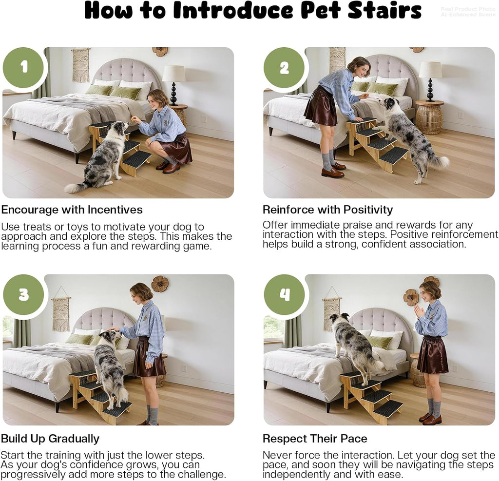 4-Step Dog Stairs for Large Dogs, Solid Wooden Dog Steps for Beds/Couch with Carpet, 19 Inches Anti-Slip Pet Stairs