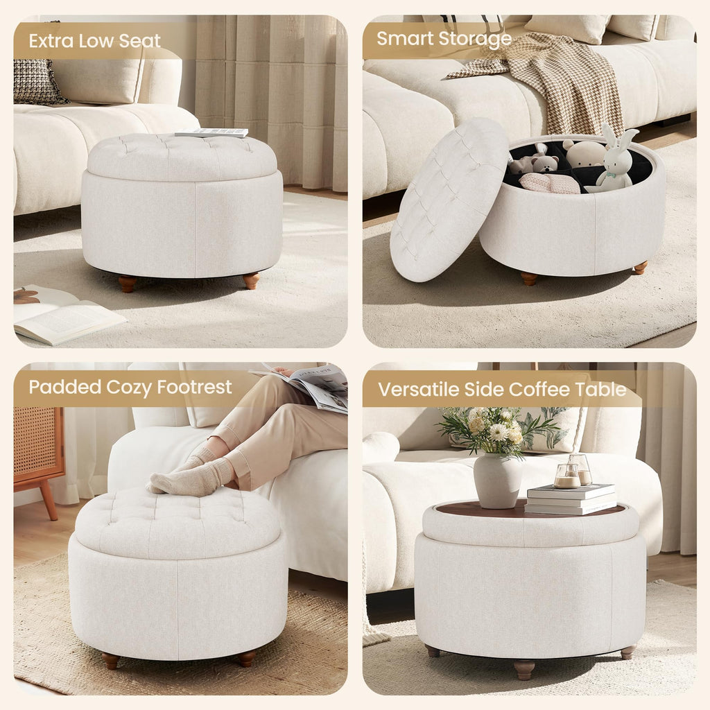 25" Round Ottoman with Storage, Small Coffee Table with Reversible Tray Lid
