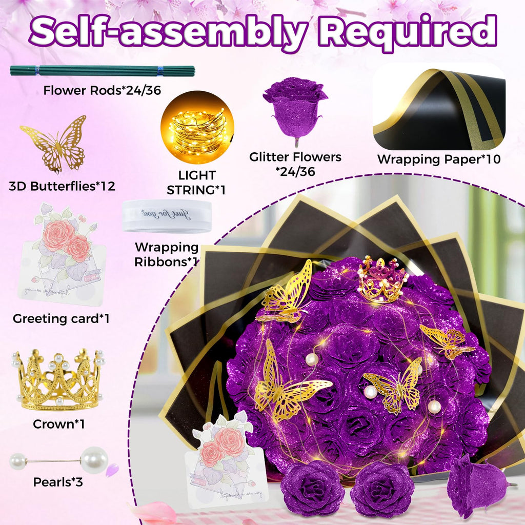 Purple Glitter Roses Bouquet Shiny Fake Glitter Flower Artificial Rose 24pc