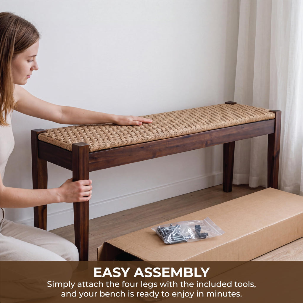 Vintage Entryway Bench with Woven Rope Seat, 46" Acacia Wood, Dark Brown